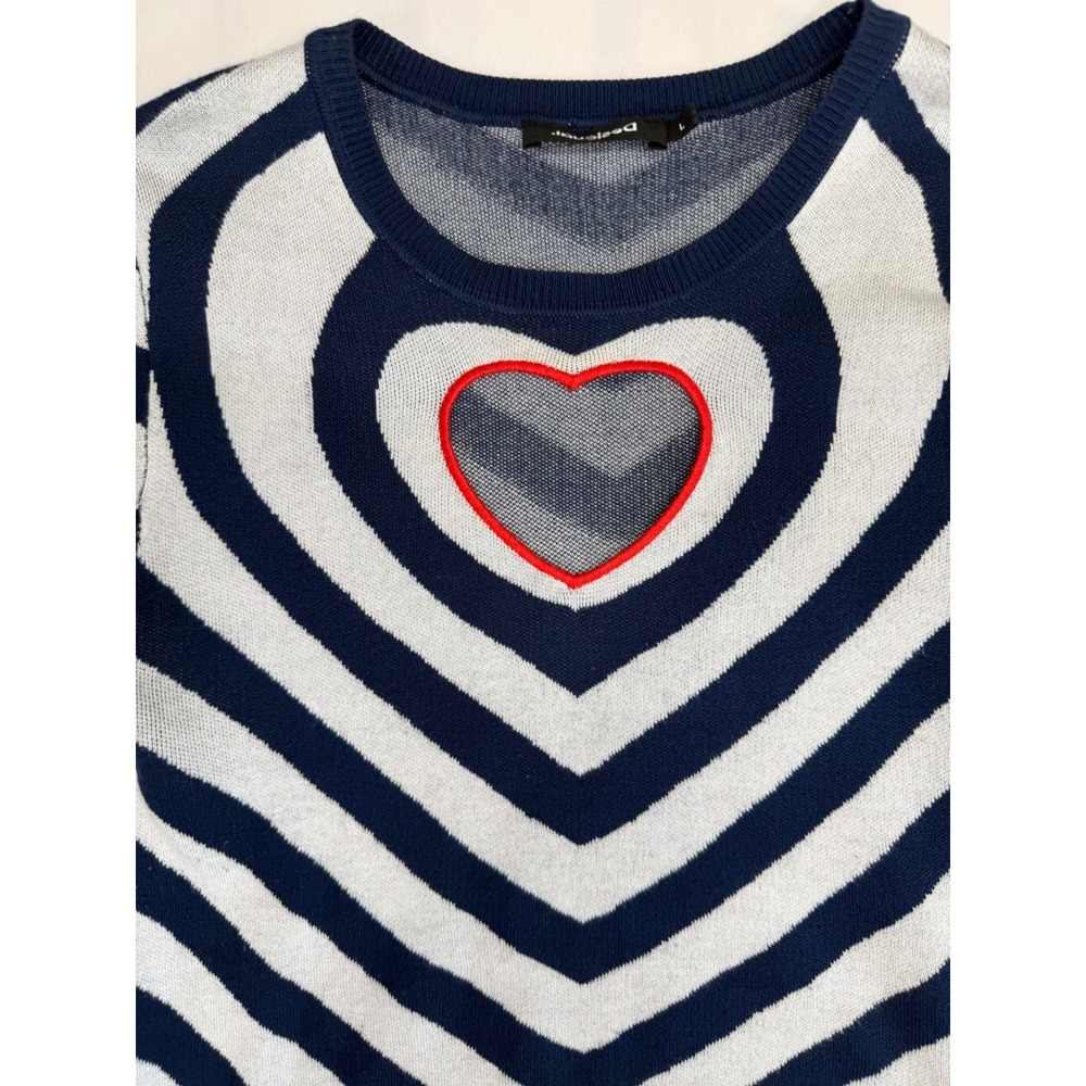 Desigual Navy Blue White Striped Heart Cutout Long Sleeve Sweater Large - Picture 7 of 10